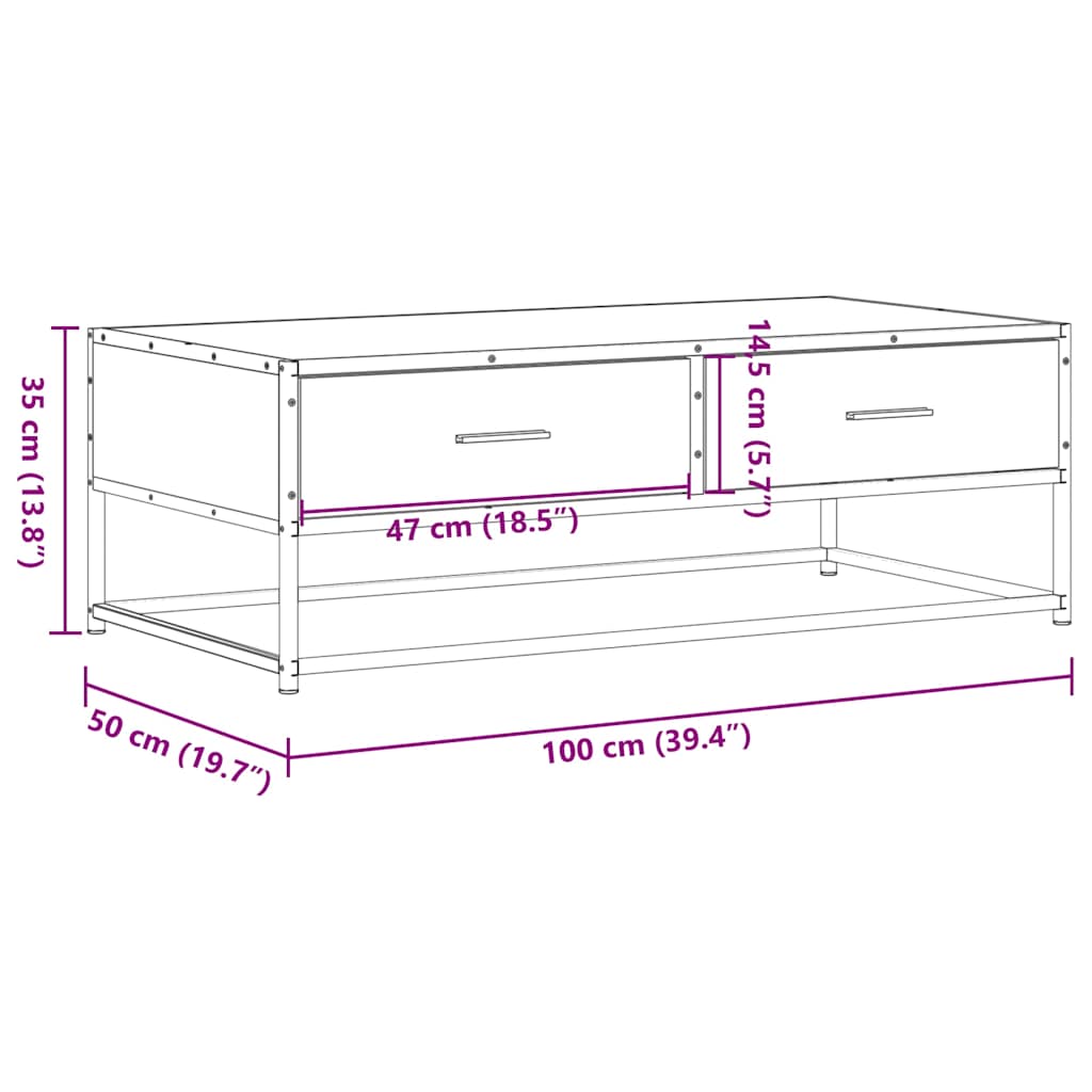 sofabord 100x50x35 cm konstrueret træ og metal sonoma-eg