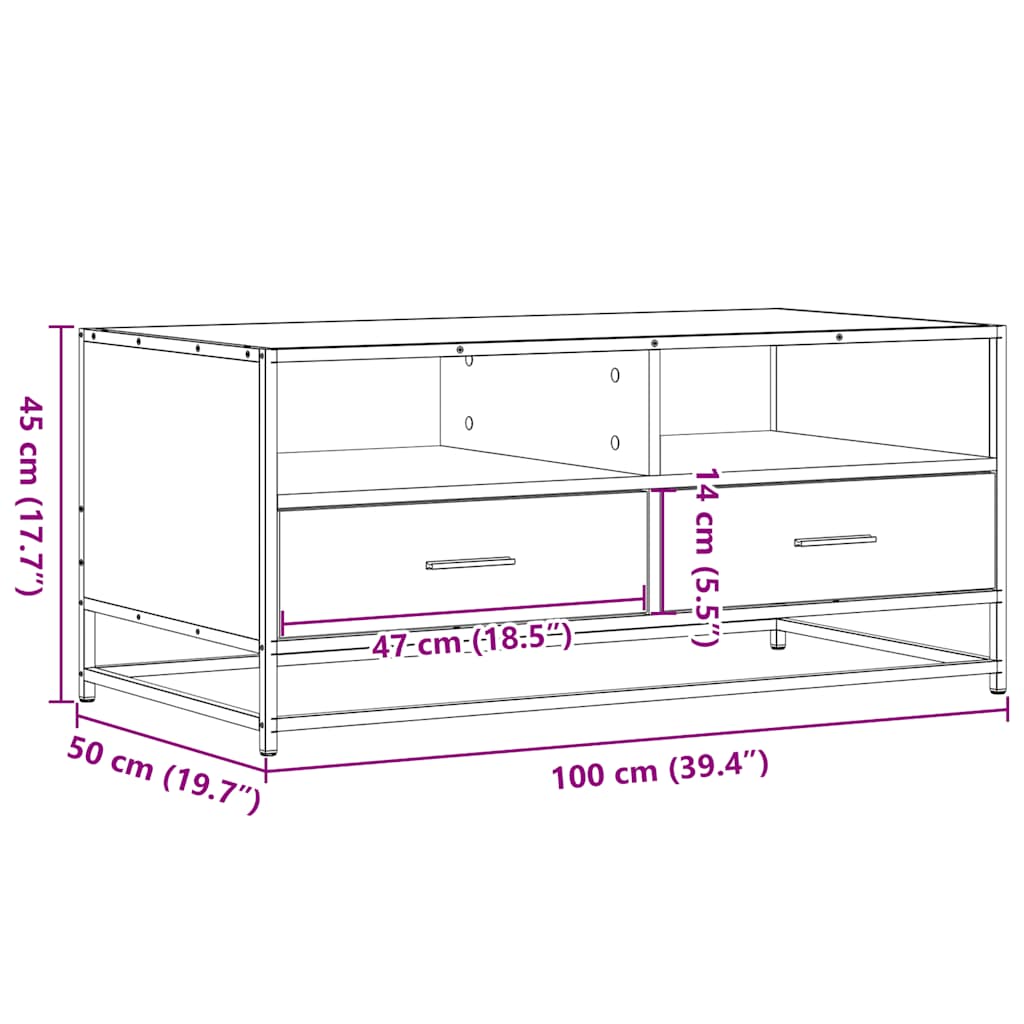 sofabord 100x50x45 cm konstrueret træ og metal brunt egetræ