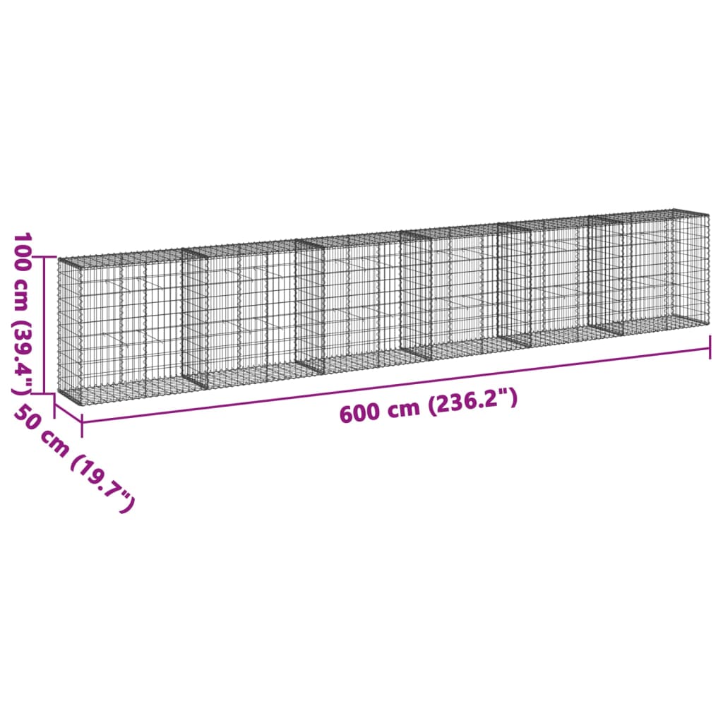 gabionkurv med cover 600x50x100 cm galvaniseret jern