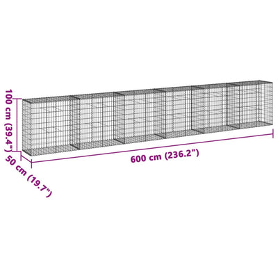 gabionkurv med cover 600x50x100 cm galvaniseret jern