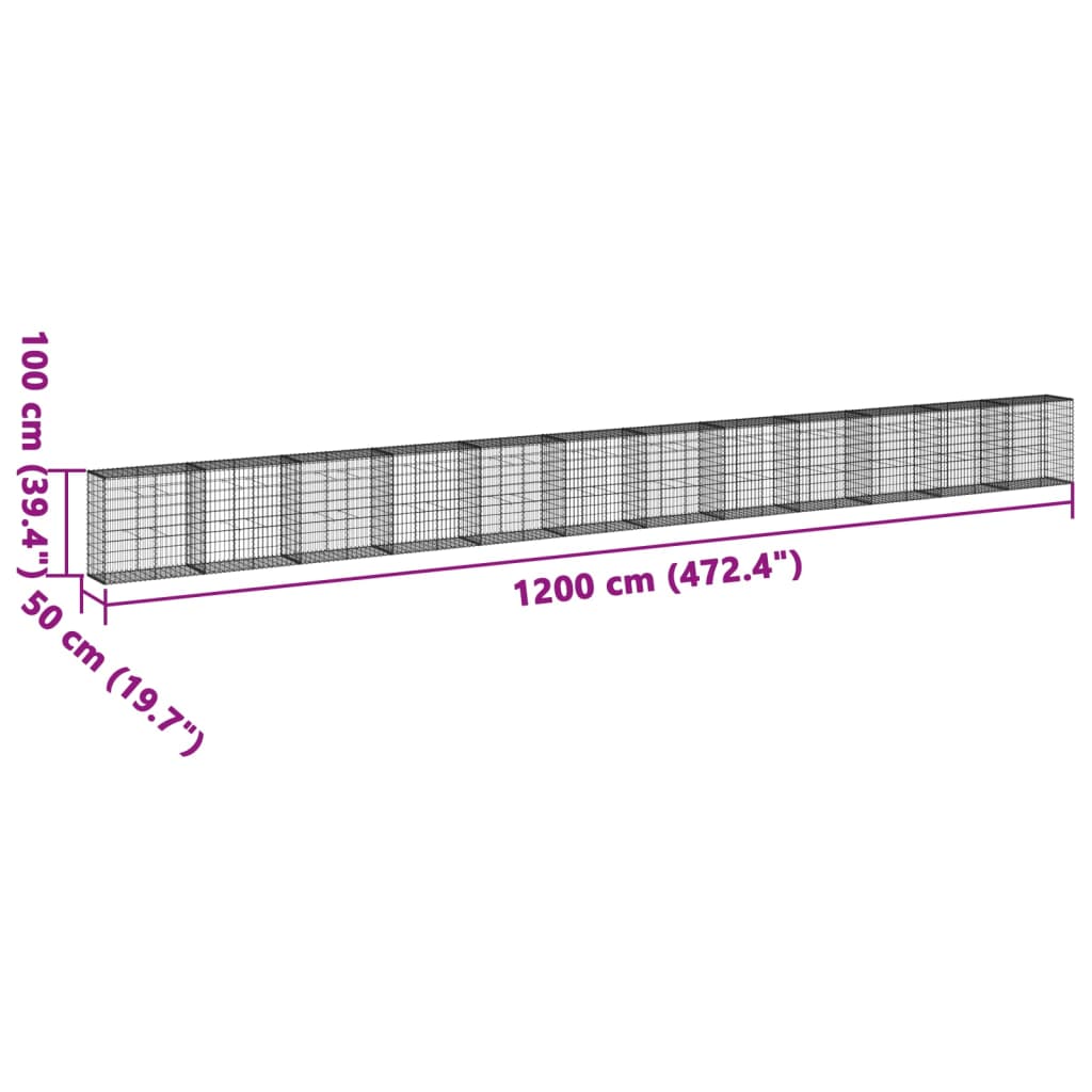 gabionkurv med cover 1200x50x100 cm galvaniseret jern