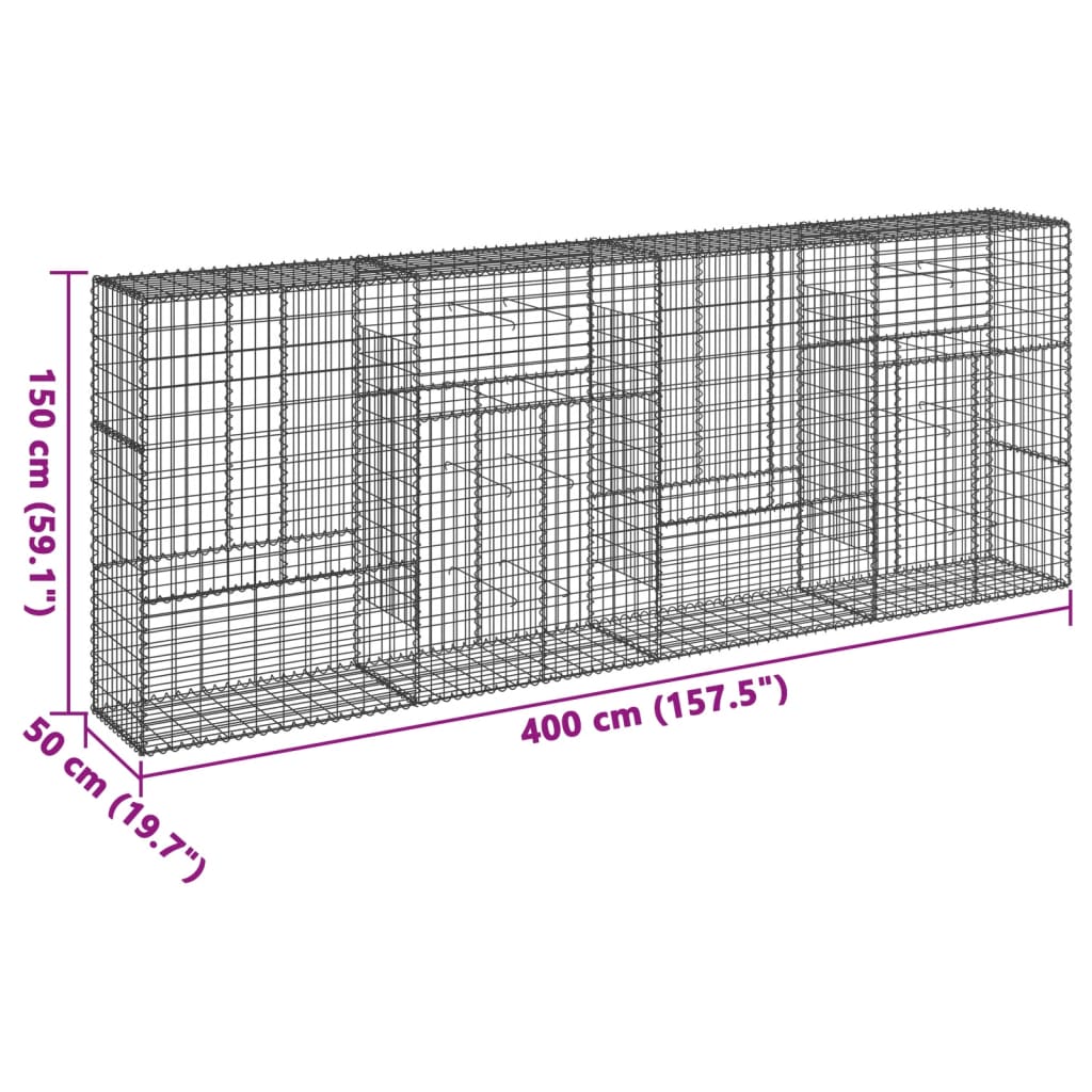 gabionkurv med cover 400x50x150 cm galvaniseret jern