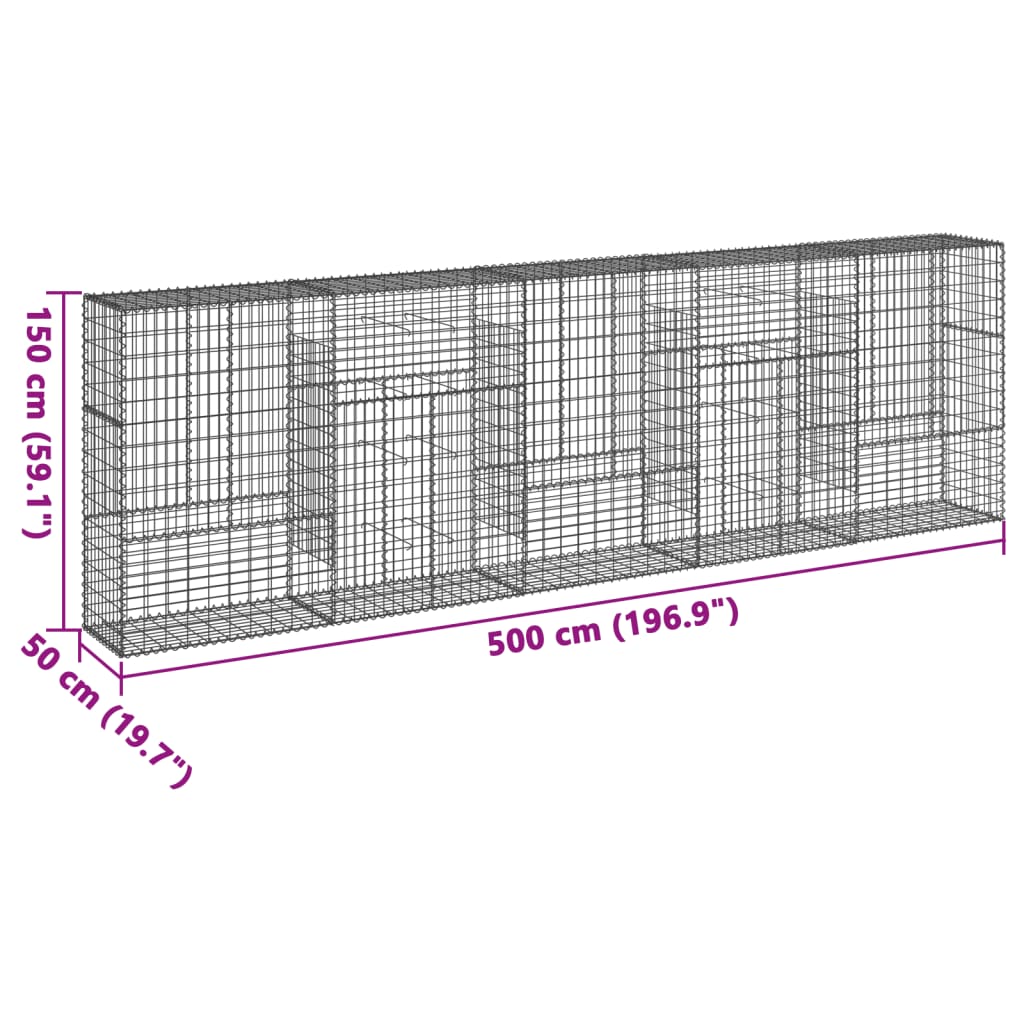 gabionkurv med cover 500x50x150 cm galvaniseret jern