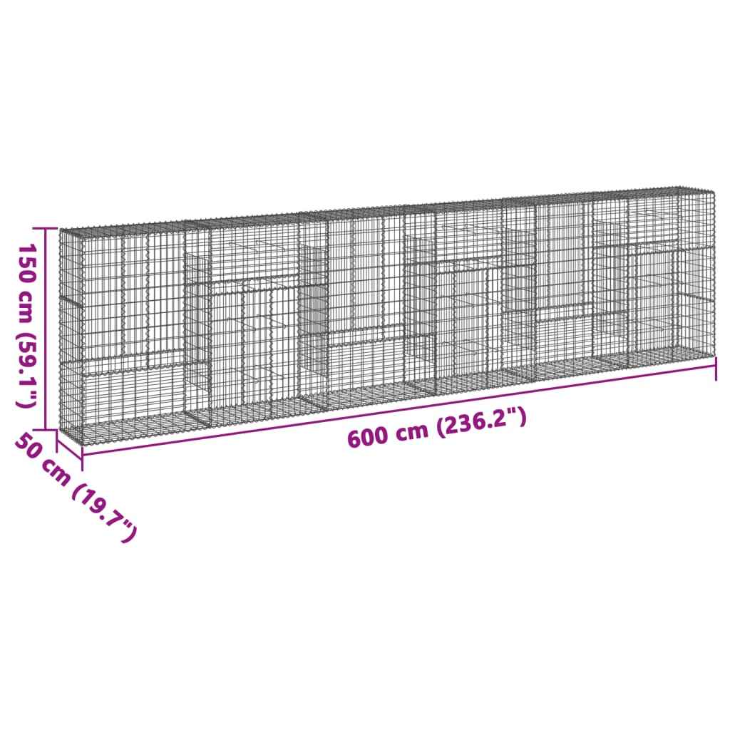 gabionkurv med cover 600x50x150 cm galvaniseret jern