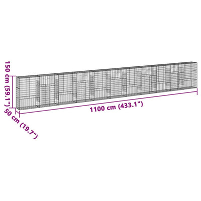 gabionkurv med cover 1100x50x150 cm galvaniseret jern