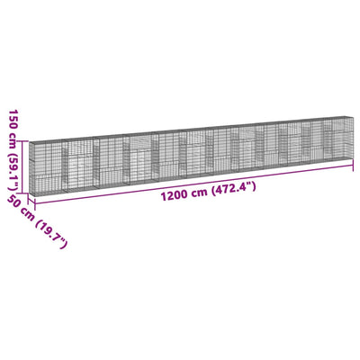 gabionkurv med cover 1200x50x150 cm galvaniseret jern