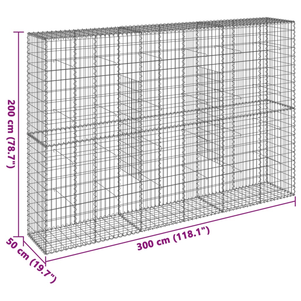 gabionkurv med cover 300x50x200 cm galvaniseret jern