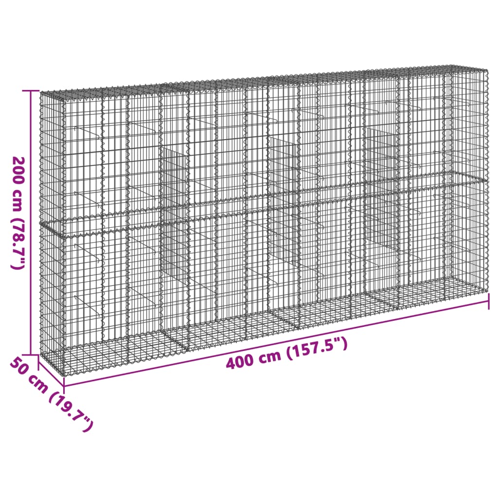 gabionkurv med cover 400x50x200 cm galvaniseret jern