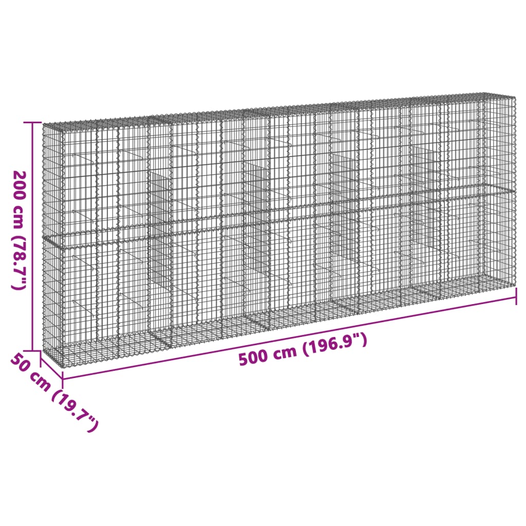 gabionkurv med cover 500x50x200 cm galvaniseret jern