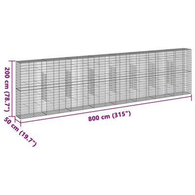 gabionkurv med cover 800x50x200 cm galvaniseret jern