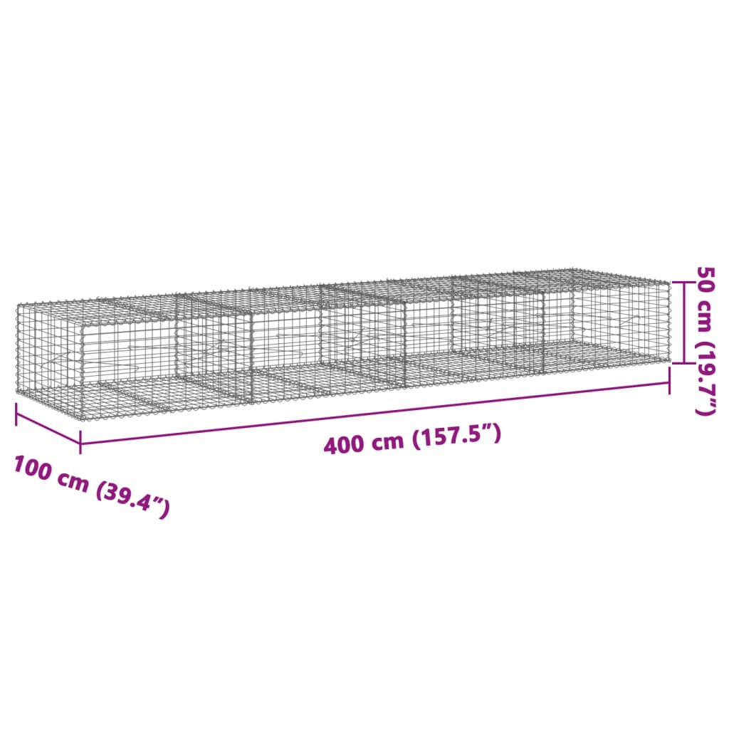 gabionkurv med cover 400x100x50 cm galvaniseret jern