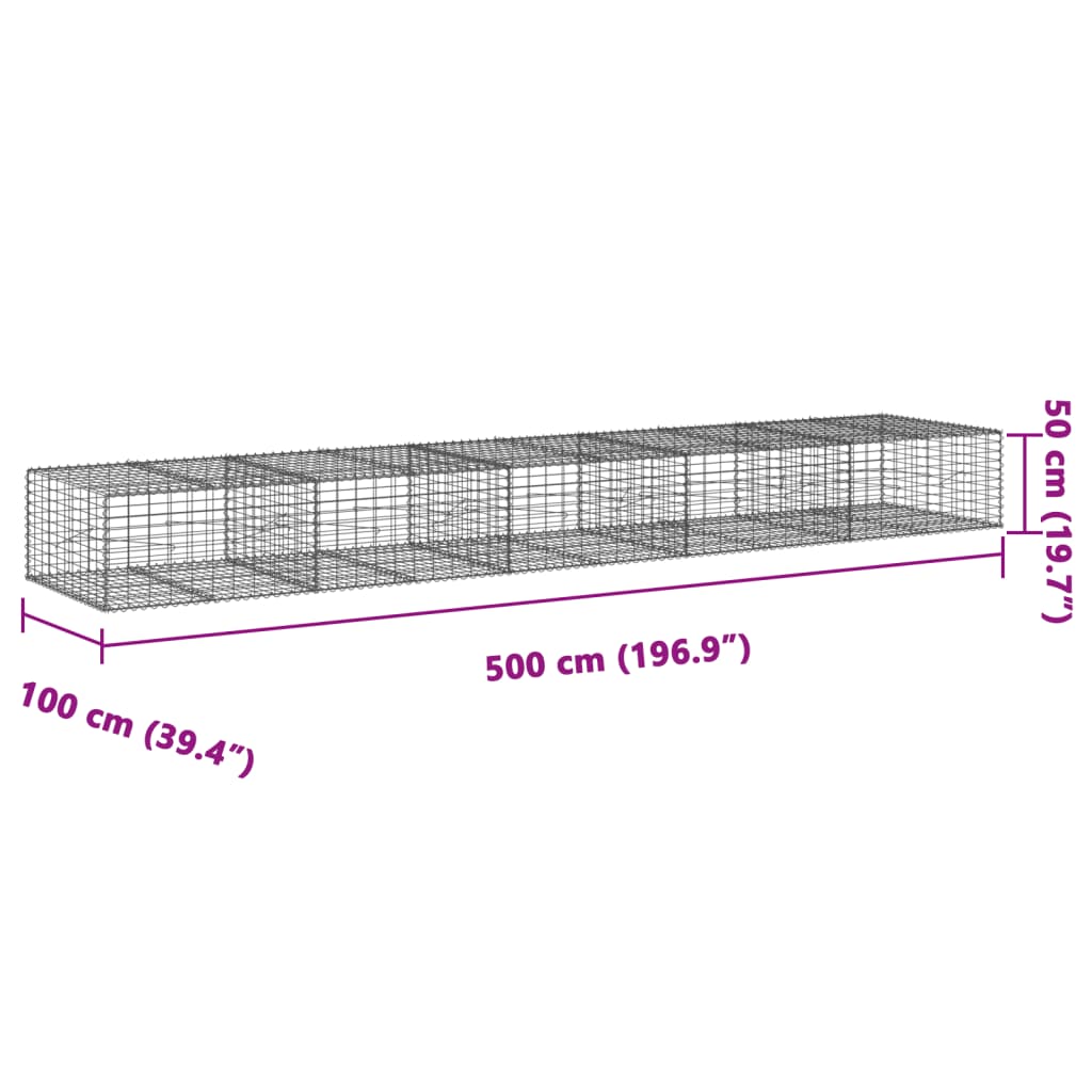 gabionkurv med cover 500x100x50 cm galvaniseret jern