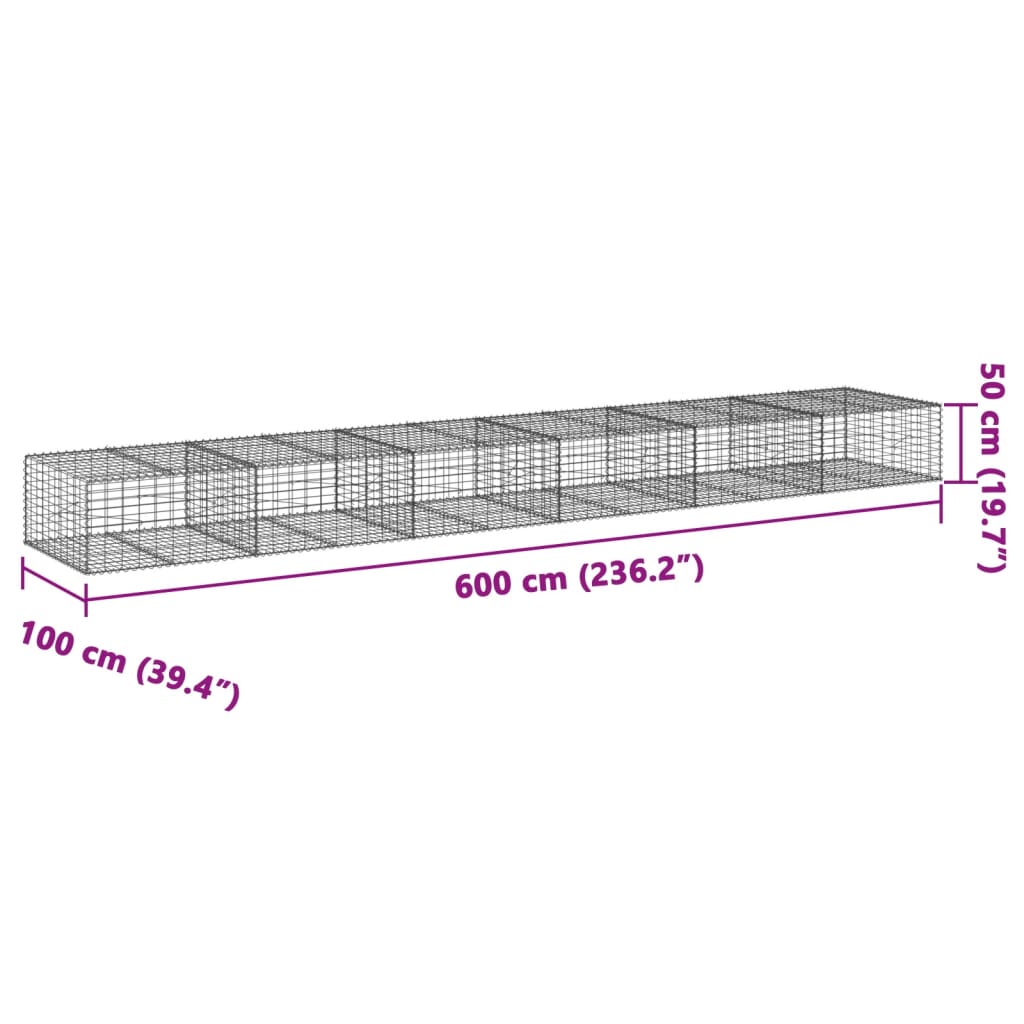 gabionkurv med cover 600x100x50 cm galvaniseret jern