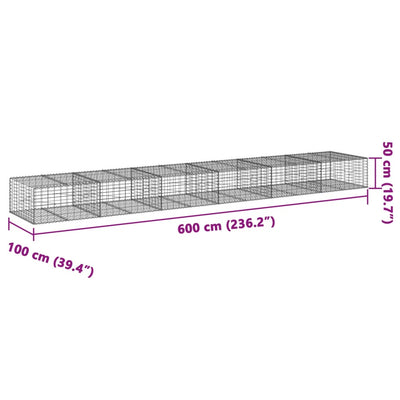 gabionkurv med cover 600x100x50 cm galvaniseret jern