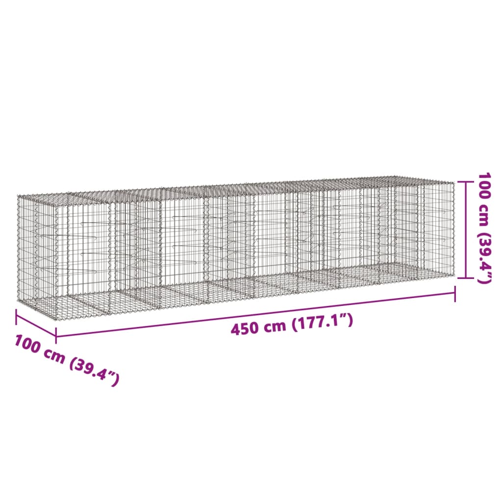 gabionkurv med cover 450x100x100 cm galvaniseret jern