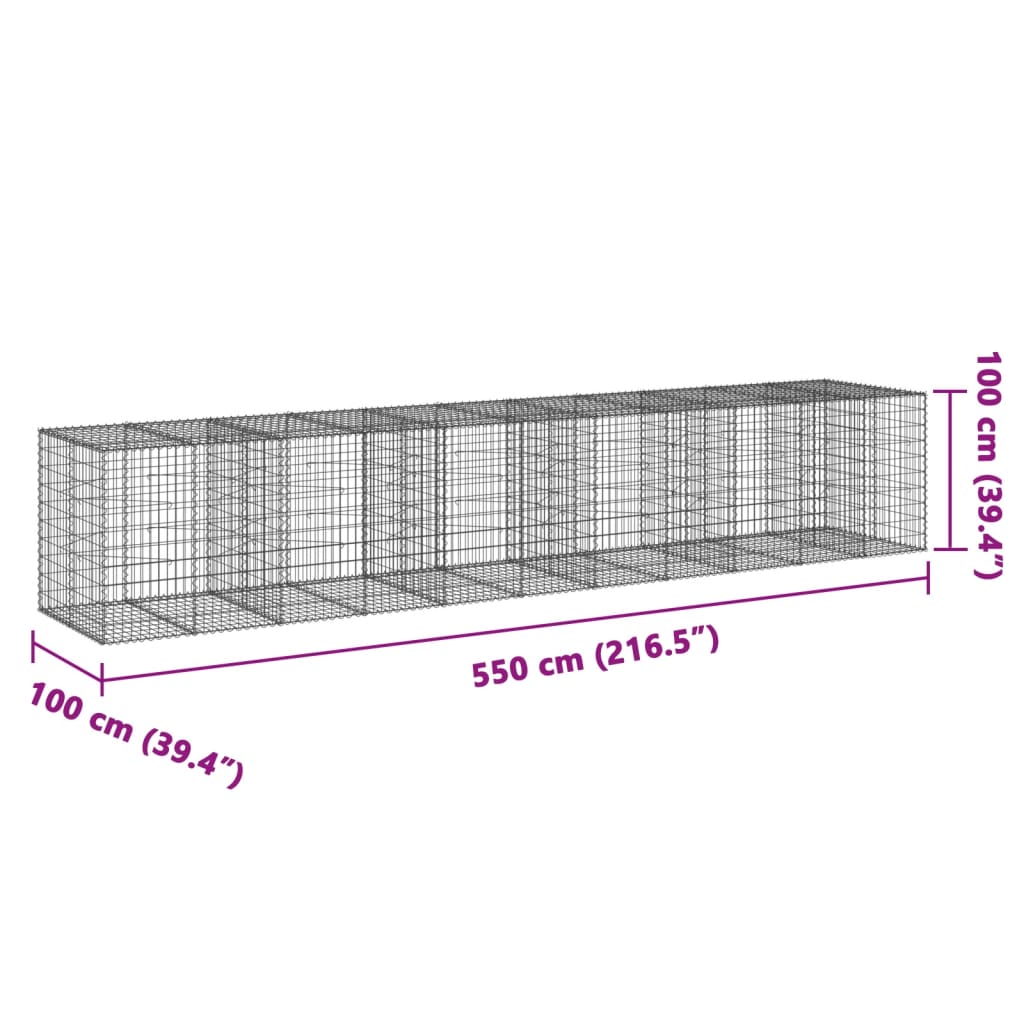 gabionkurv med cover 550x100x100 cm galvaniseret jern