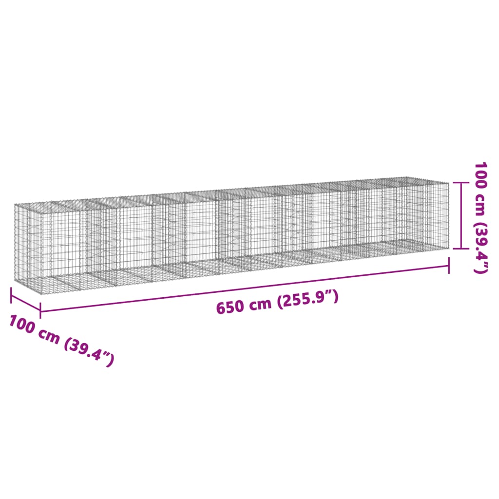 gabionkurv med cover 650x100x100 cm galvaniseret jern