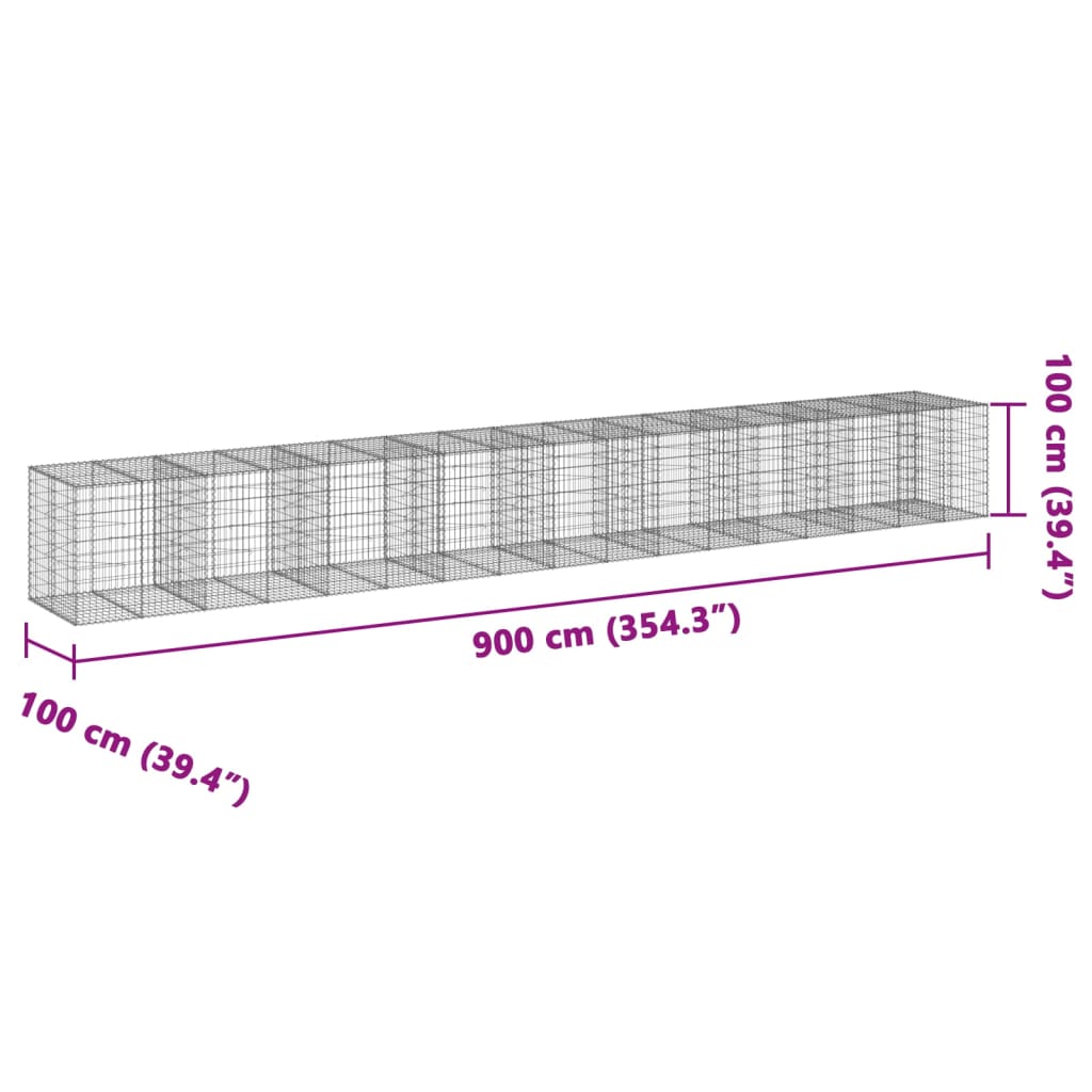 gabionkurv med cover 900x100x100 cm galvaniseret jern