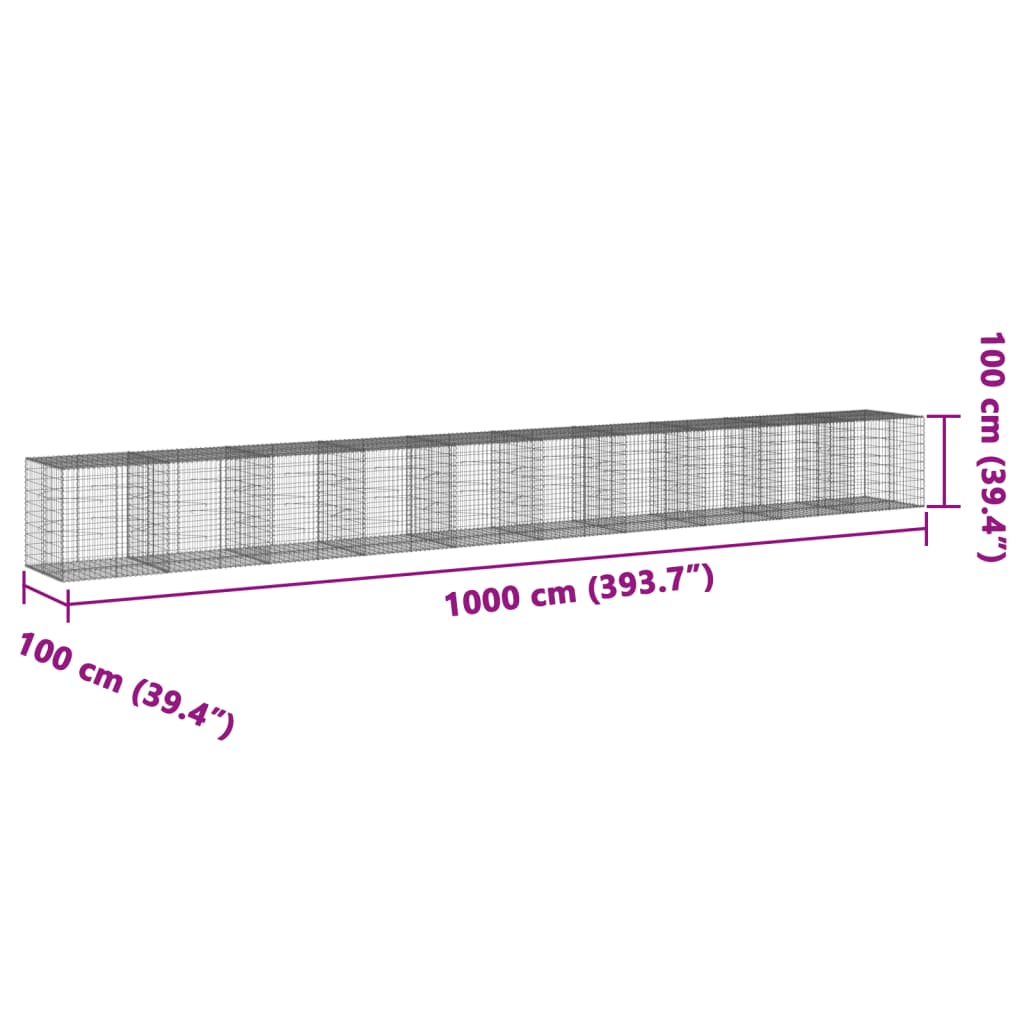 gabionkurv med cover 1000x100x100 cm galvaniseret jern