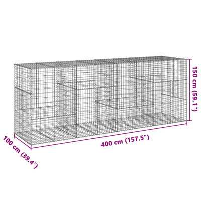 gabionkurv med cover 400x100x150 cm galvaniseret jern