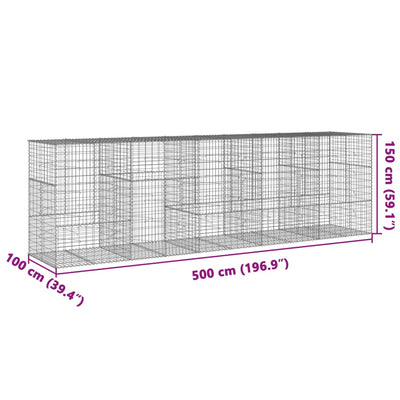 gabionkurv med cover 500x100x150 cm galvaniseret jern