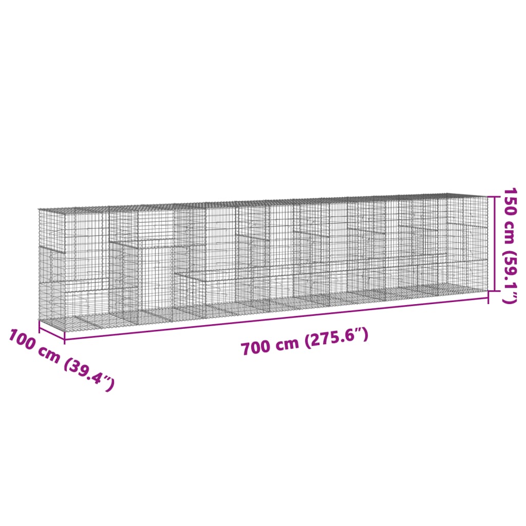 gabionkurv med cover 700x100x150 cm galvaniseret jern