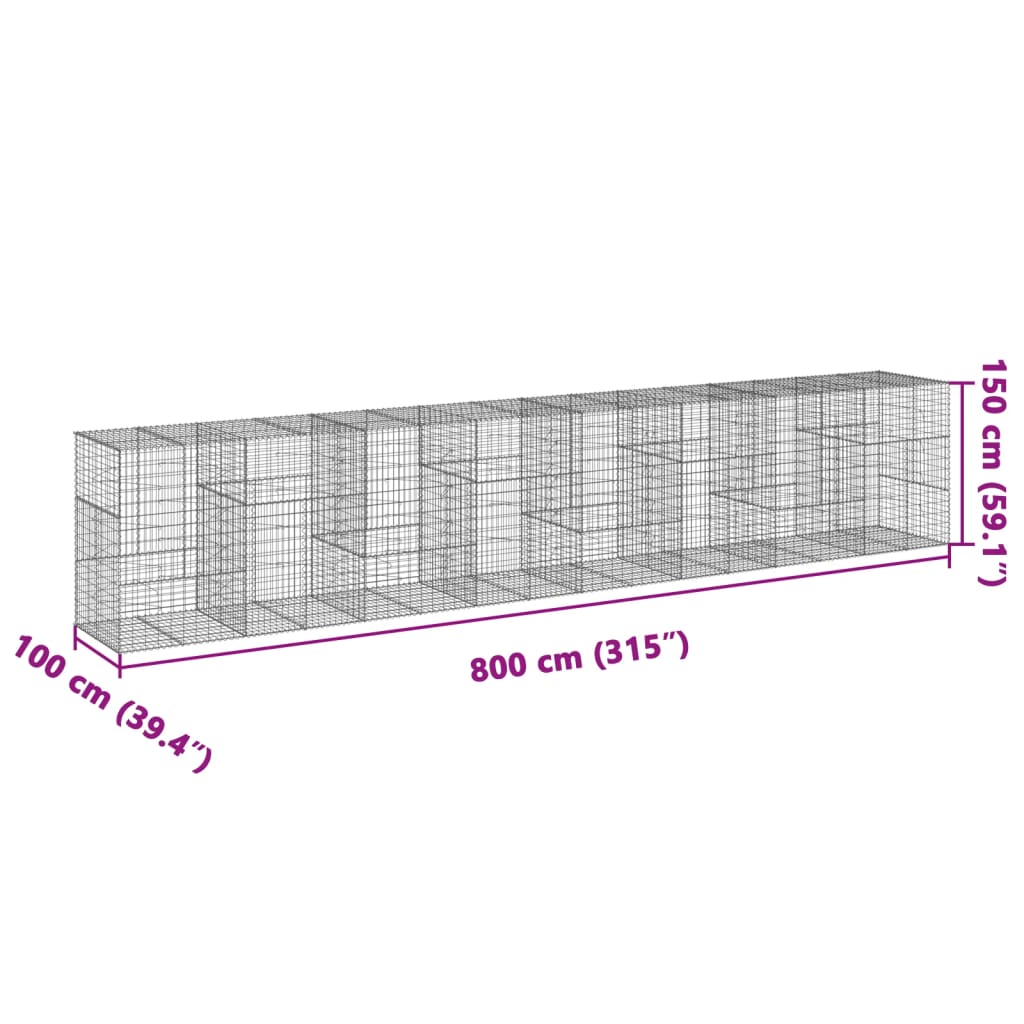 gabionkurv med cover 800x100x150 cm galvaniseret jern