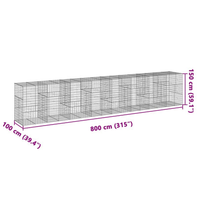 gabionkurv med cover 800x100x150 cm galvaniseret jern