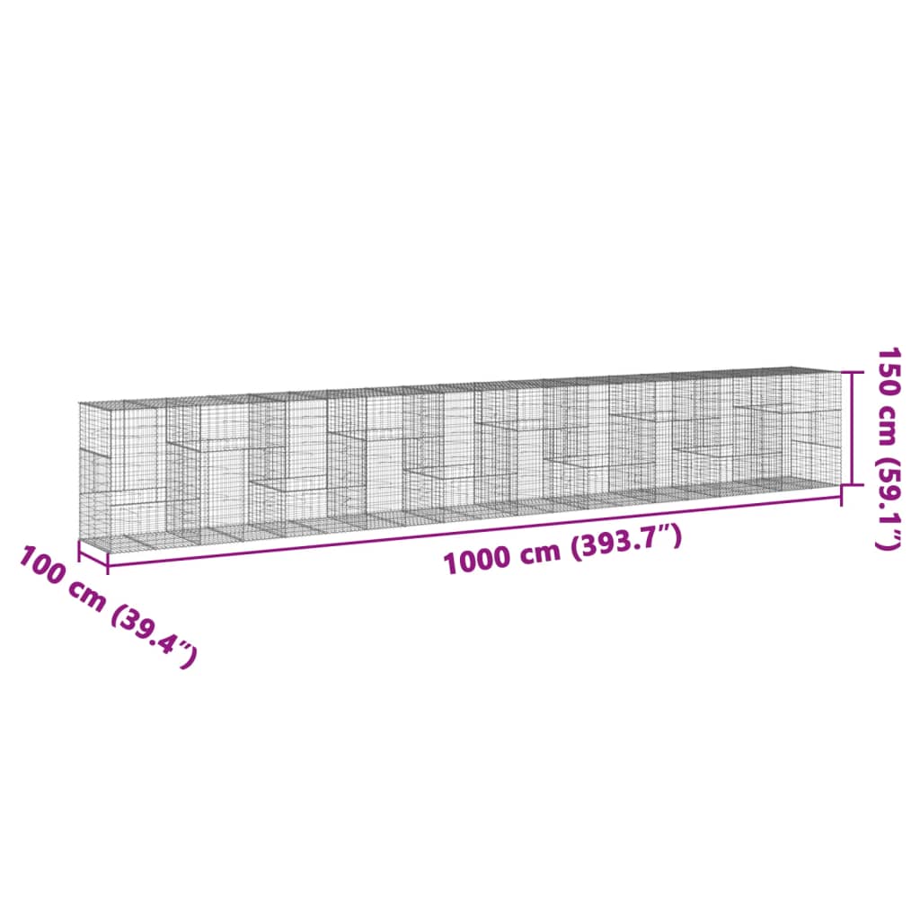 gabionkurv med cover 1000x100x150 cm galvaniseret jern