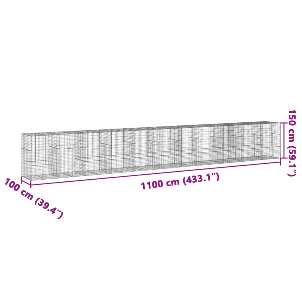 gabionkurv med cover 1100x100x150 cm galvaniseret jern