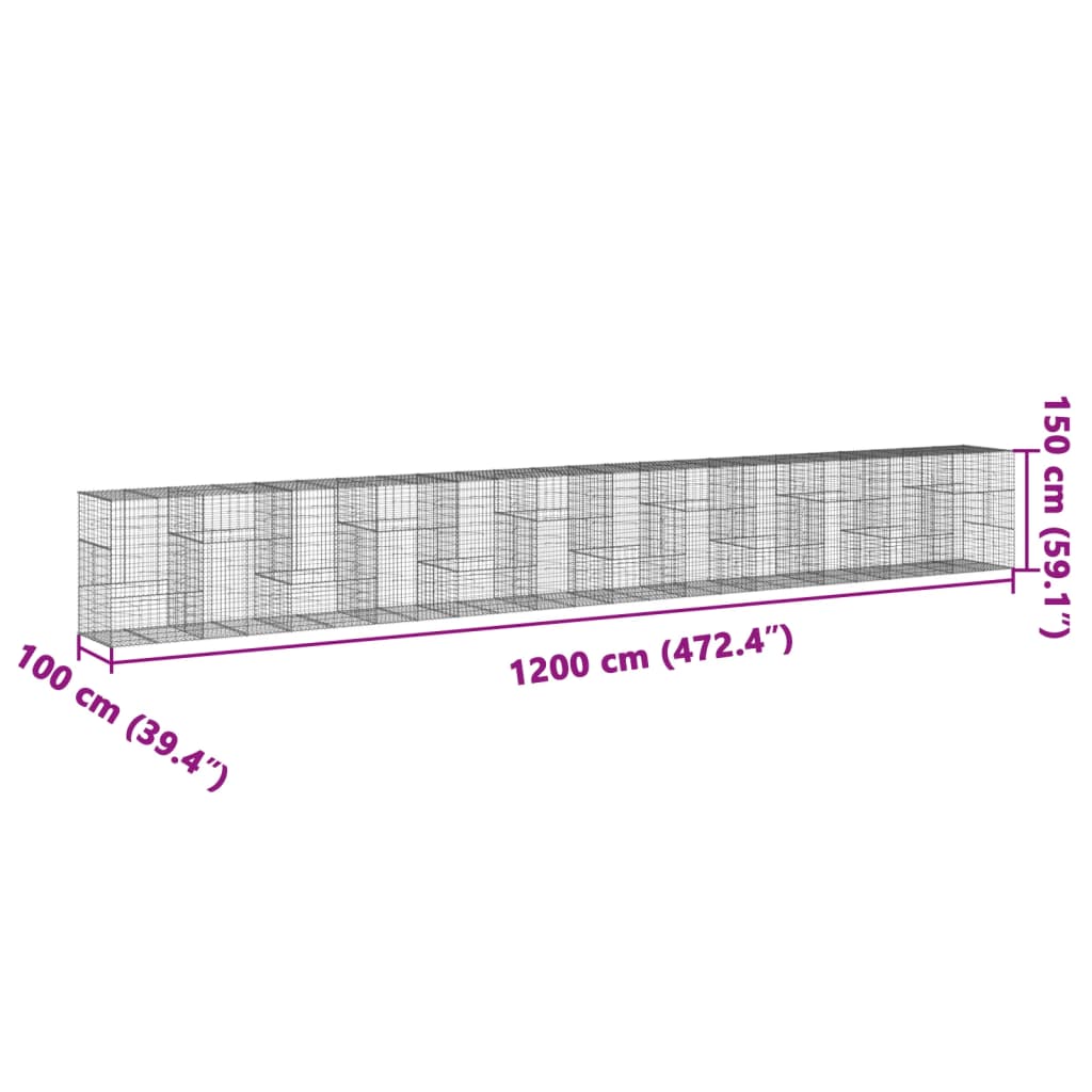 gabionkurv med cover 1200x100x150 cm galvaniseret jern