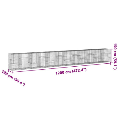 gabionkurv med cover 1200x100x150 cm galvaniseret jern