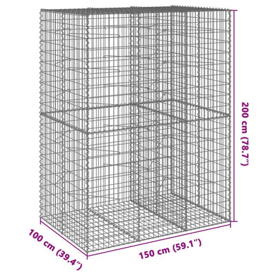 gabionkurv med cover 150x100x200 cm galvaniseret jern