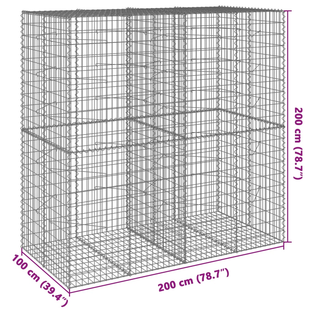 gabionkurv med cover 200x100x200 cm galvaniseret jern