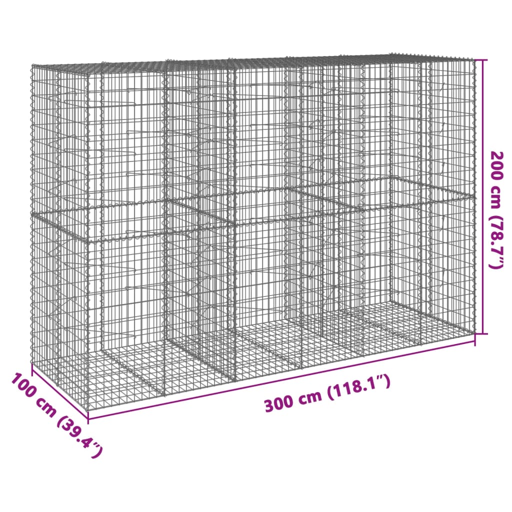 gabionkurv med cover 300x100x200 cm galvaniseret jern