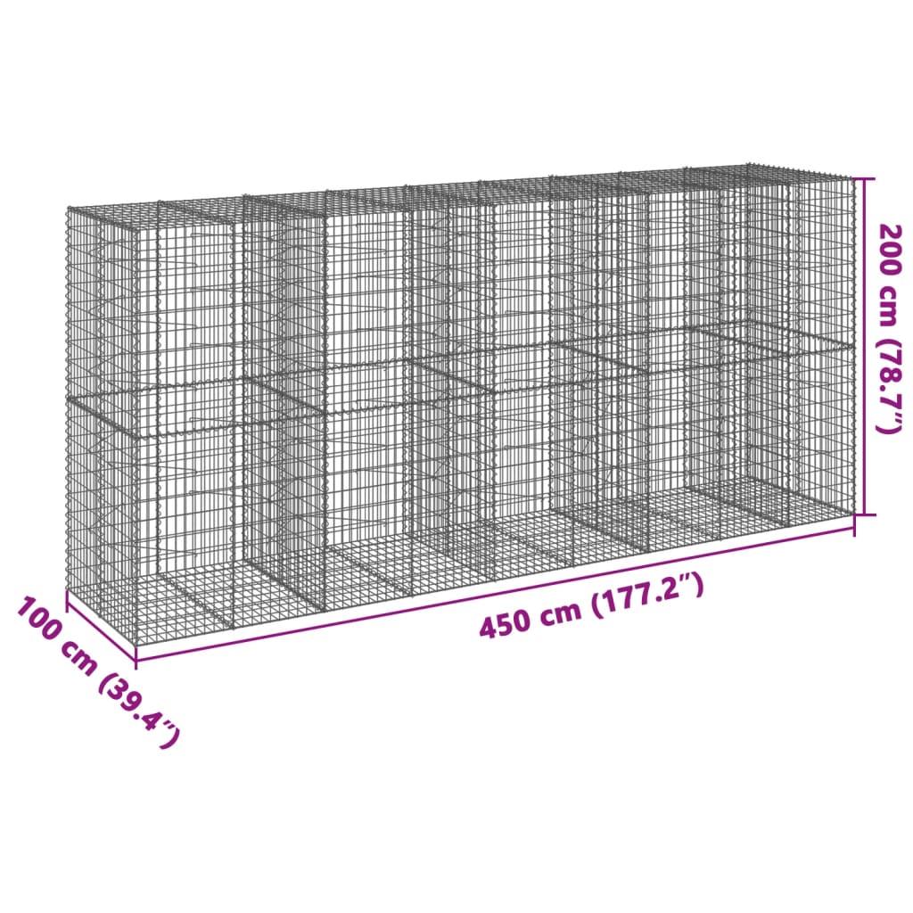 gabionkurv med cover 450x100x200 cm galvaniseret jern