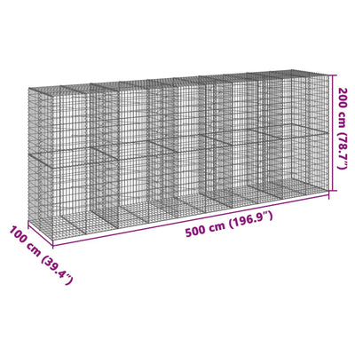 gabionkurv med cover 500x100x200 cm galvaniseret jern