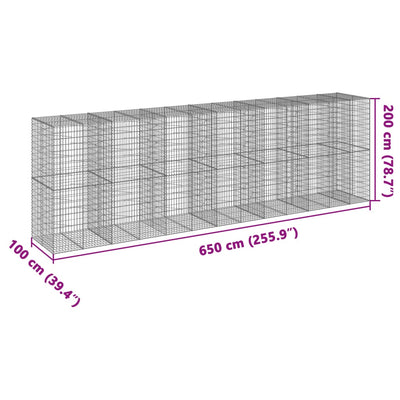 gabionkurv med cover 650x100x200 cm galvaniseret jern