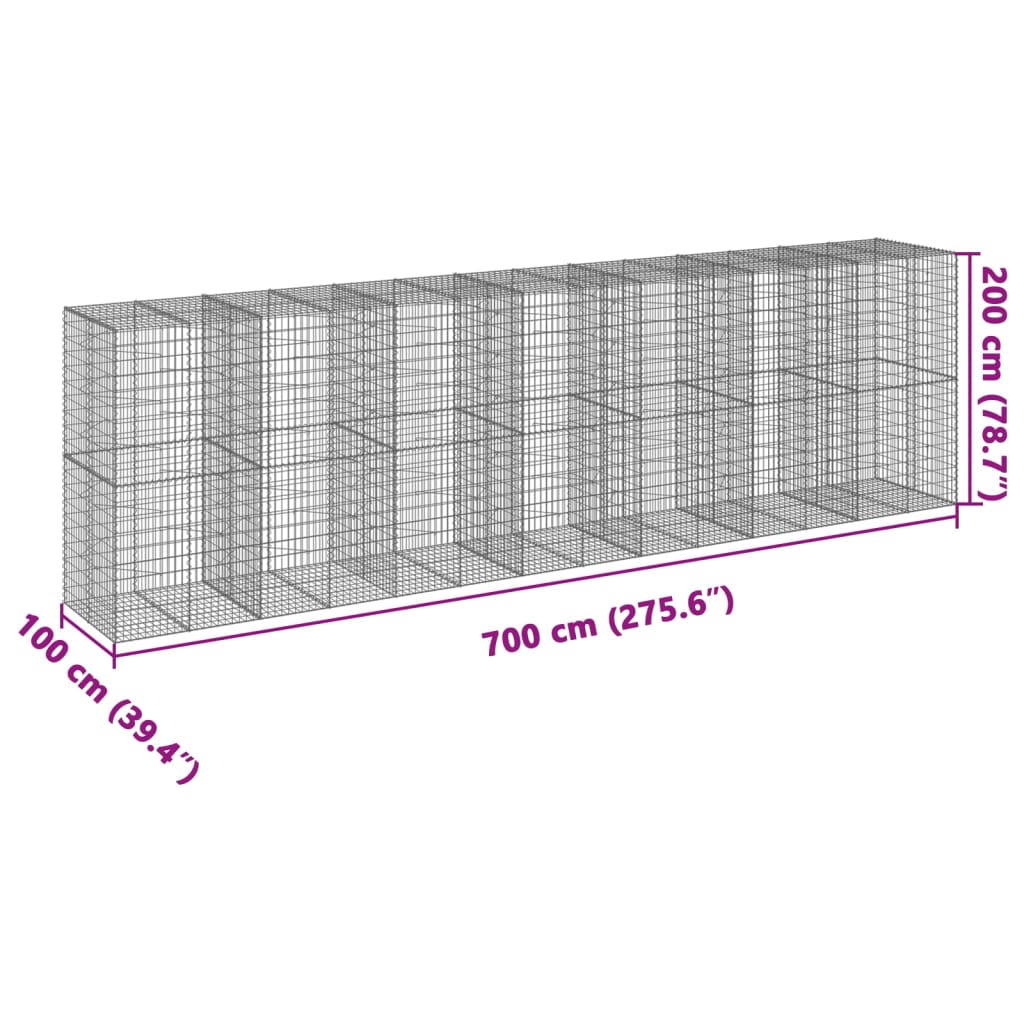 gabionkurv med cover 700x100x200 cm galvaniseret jern