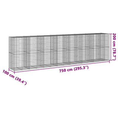 gabionkurv med cover 750x100x200 cm galvaniseret jern