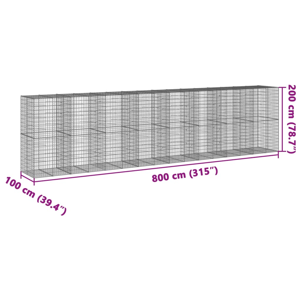 gabionkurv med cover 800x100x200 cm galvaniseret jern