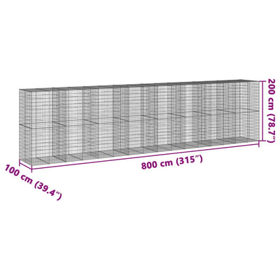 gabionkurv med cover 800x100x200 cm galvaniseret jern