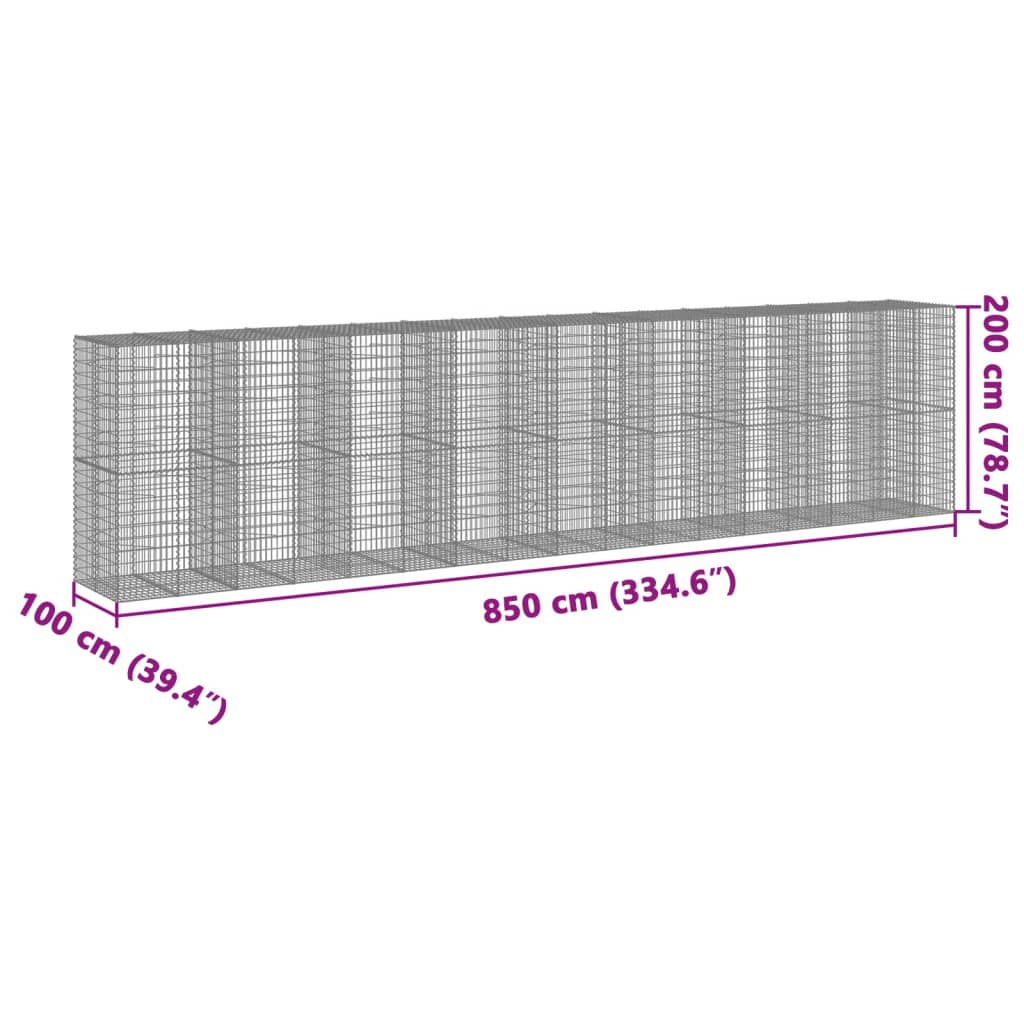 gabionkurv med cover 850x100x200 cm galvaniseret jern