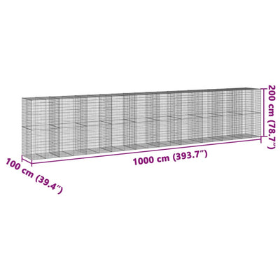 gabionkurv med cover 1000x100x200 cm galvaniseret jern