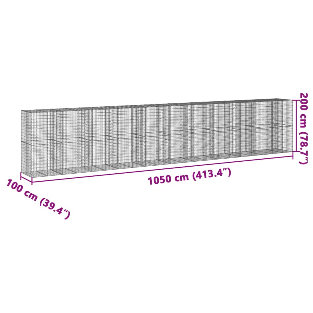 gabionkurv med cover 1050x100x200 cm galvaniseret jern