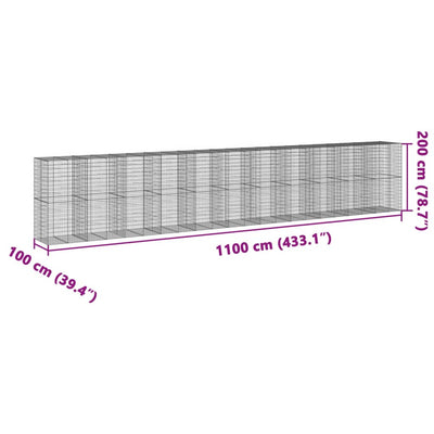 gabionkurv med cover 1100x100x200 cm galvaniseret jern