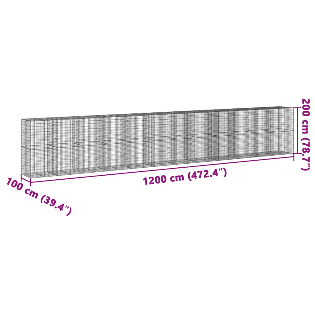 gabionkurv med cover 1200x100x200 cm galvaniseret jern