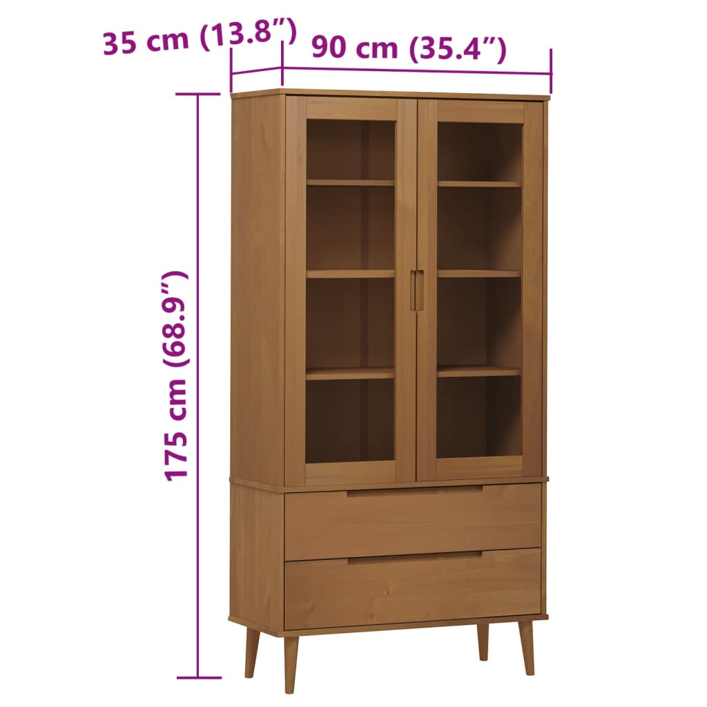 vitrineskab MOLDE 90x35x175 cm massivt fyrretræ brun