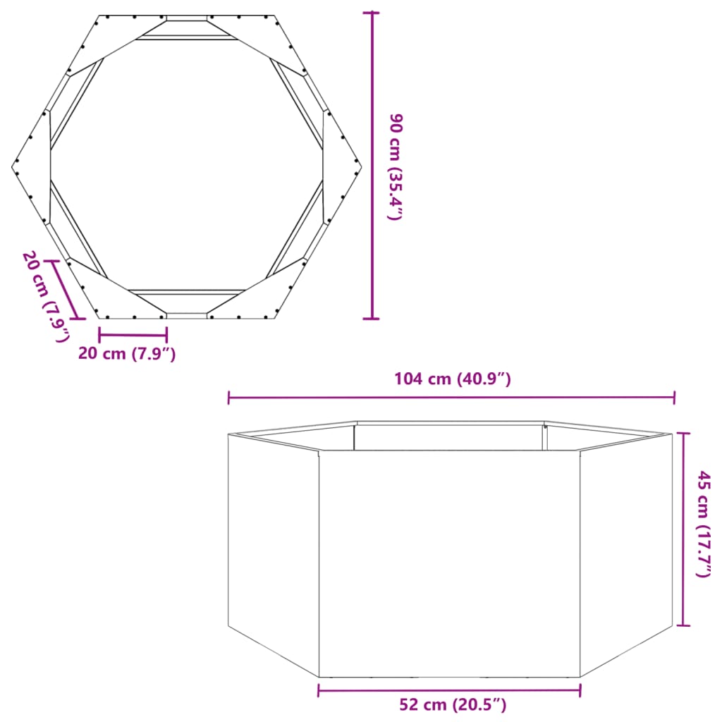 plantekasse 104x90x45 cm sekskantet Forvitringsstål