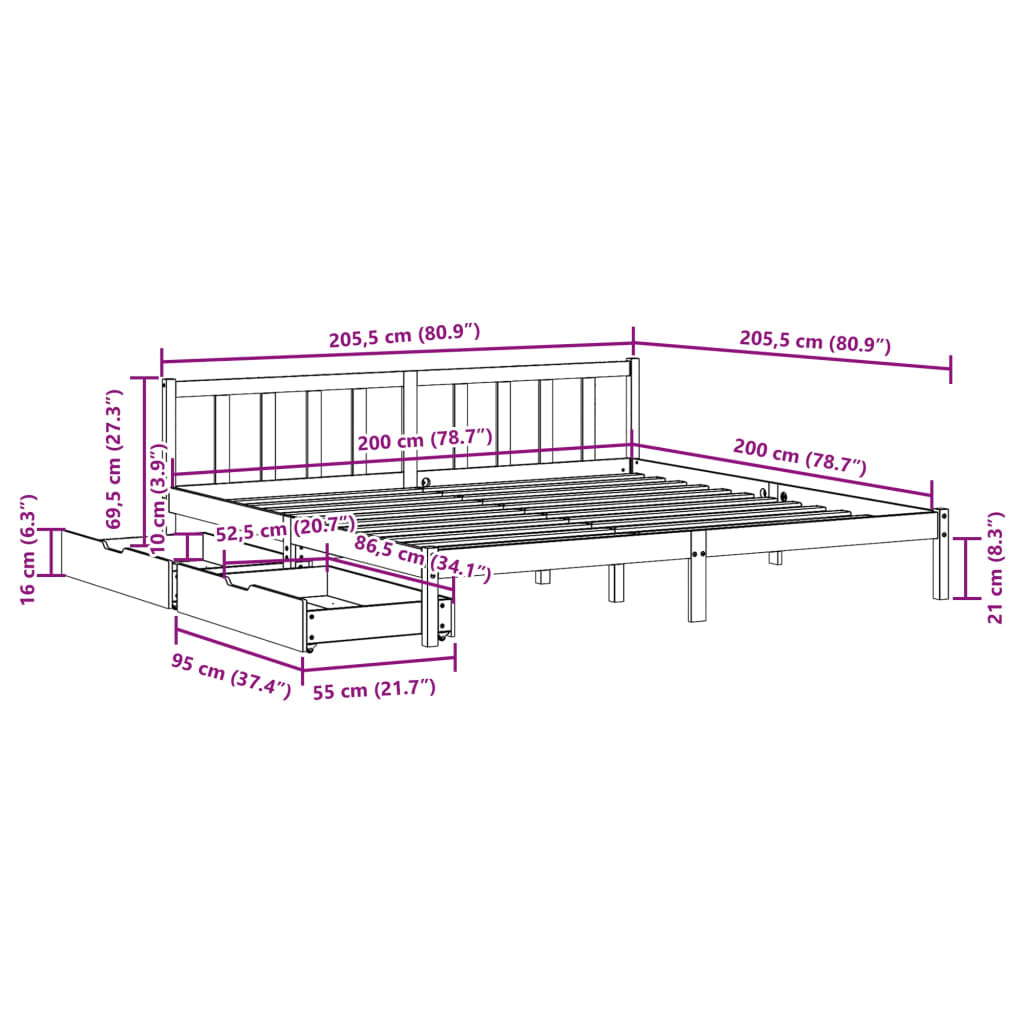 sengeramme uden madras 200x200 cm massivt fyrretræ gyldenbrun